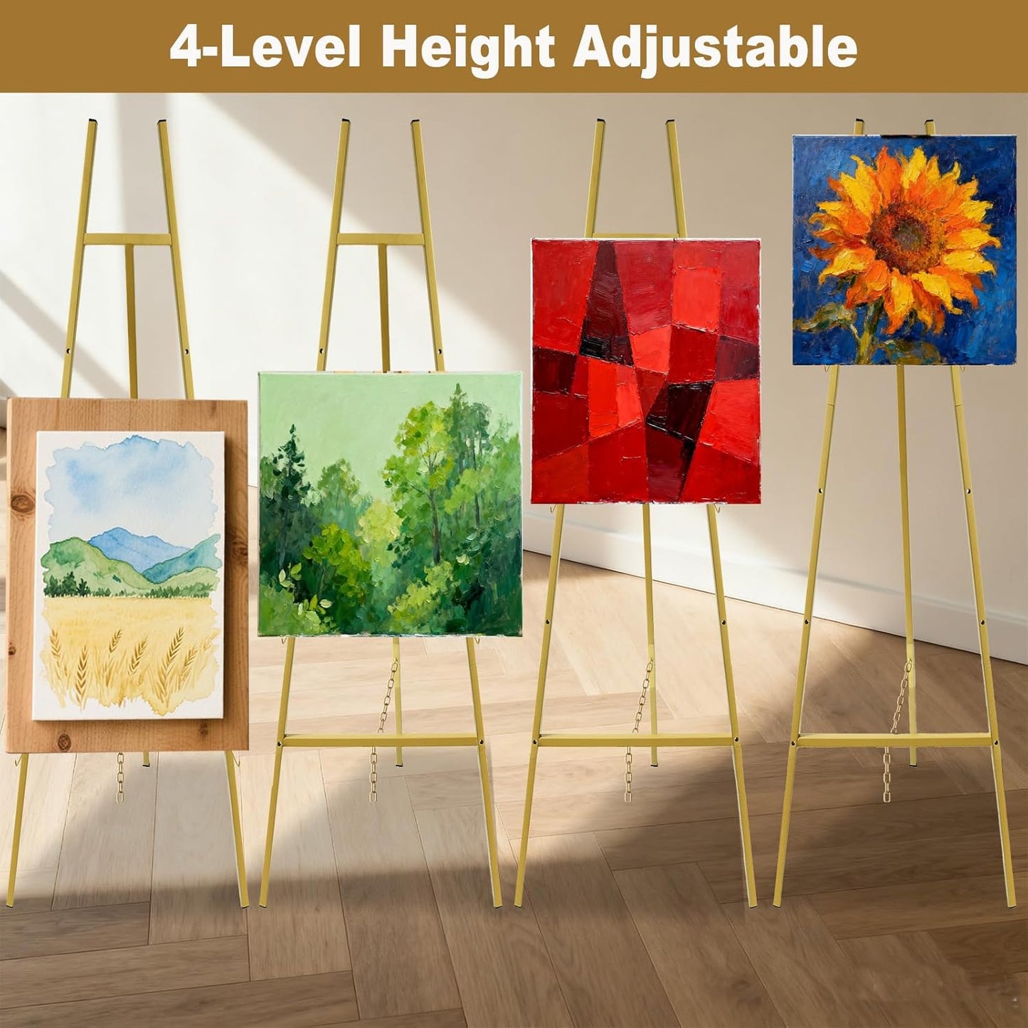 43.5" Gold Easel Stand for Sign,4-Level Height Display Easel with Adjustable chain,Easy-to-Install Metal Easel for Painting,Wedding Sign,Poster,Commercial Display