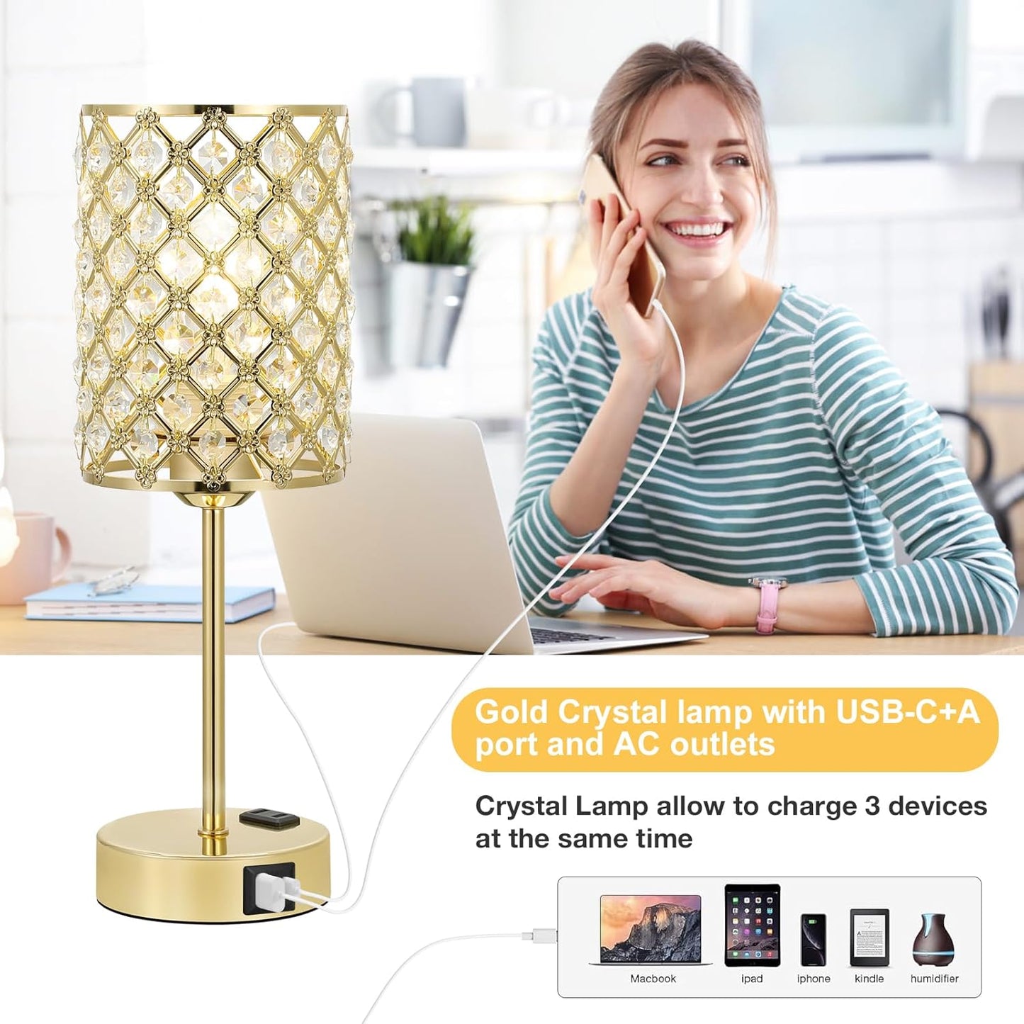 Hong-in Gold Lamps for Night Stands-Crystal Table Lamp with USB-C+A & AC Charging Ports, 3-Way Dimmable Nightstand Touch Lamp, Bedside Desk lamp for Bedroom Living Room Home Office