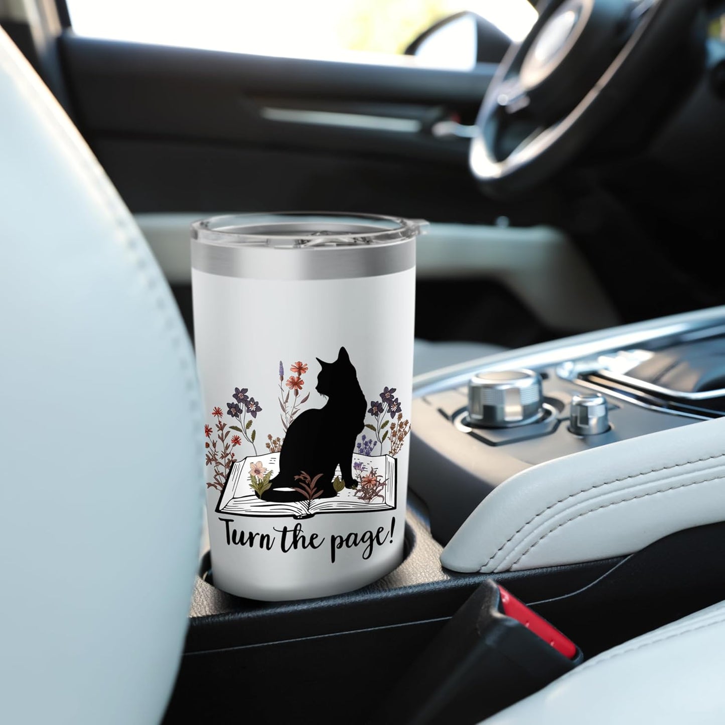 Turn the Page Books & Cats Black Cat Women Floral Book Lover Stainless Steel Insulated Tumbler