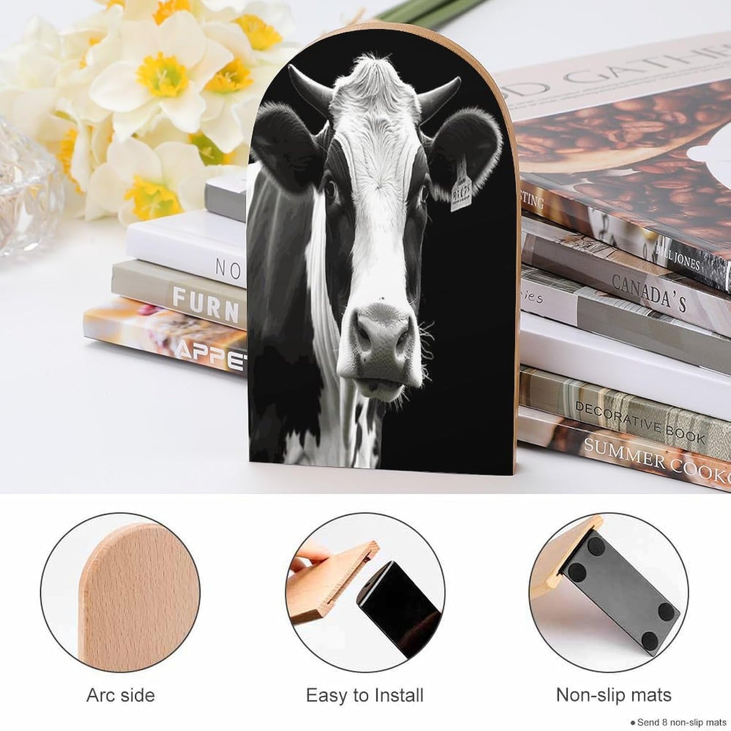 Animal Funny Cow Head Black White Bookends 1 Pair Heavy Duty Book Ends for Shelves Non-Skid Bookend Supports Wooden Book Holders with Metal Base Desk Organizers Books Storage to Hold Books