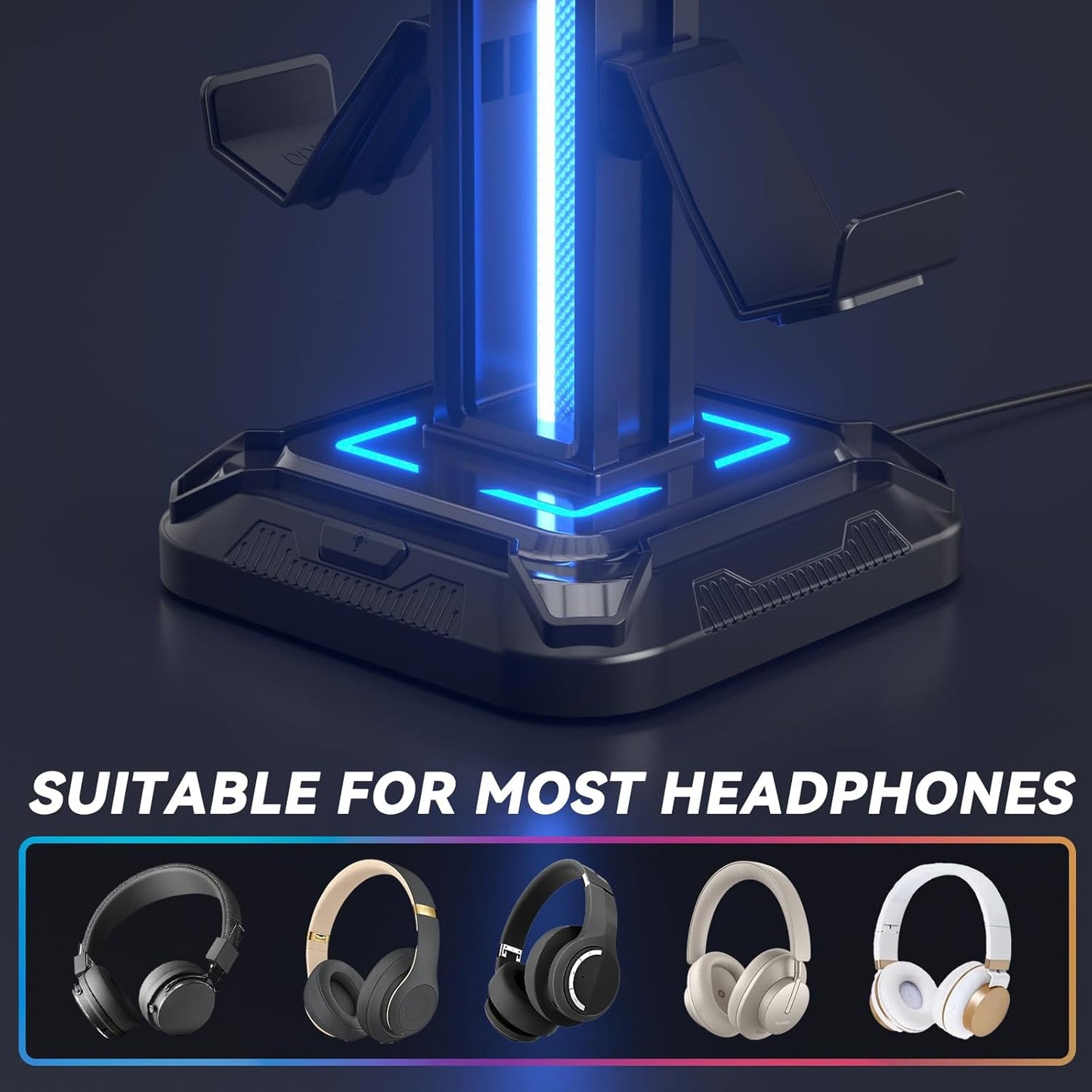 KDD RGB Headset Stand with 9 Light Modes - Controller Holder for Desk - Rotatable Headphone Stand & Detachable Controller Hook for PC Earphone Accessories(Black)