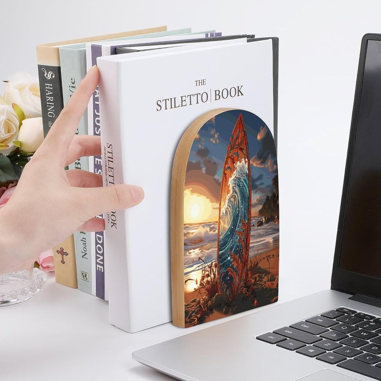 Colorful Surfboard Bookend for Shelves Wooden Book End Large Size Sturdy Book Holders Stoppers with Metal Base for Bookshelves Slick Decorative Bookends Stands