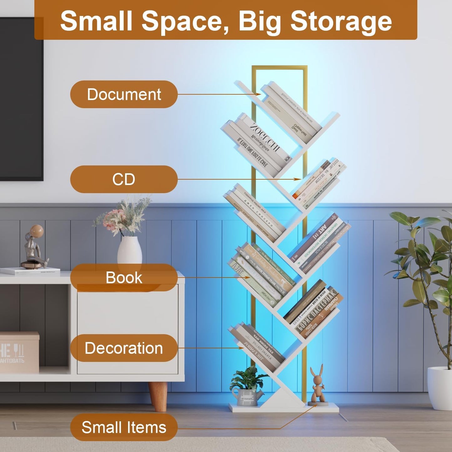 Tree Book Shelf with LED Lights, 9 Tier Floor Standing Bookcase, Classical Corner Shelf Kids Bookshelf, Tall Wood Book Storage for Bedroom, Living Room, Home Office, White