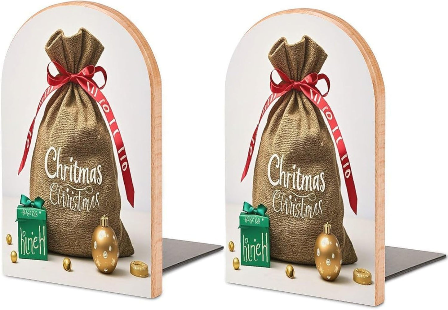 Christmas Sack Present Bookends 1 Pair Heavy Duty Book Ends for Shelves Non-Skid Bookend Supports Wooden Book Holders with Metal Base Desk Organizers Books Storage to Hold Books