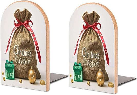 Christmas Sack Present Bookends 1 Pair Heavy Duty Book Ends for Shelves Non-Skid Bookend Supports Wooden Book Holders with Metal Base Desk Organizers Books Storage to Hold Books