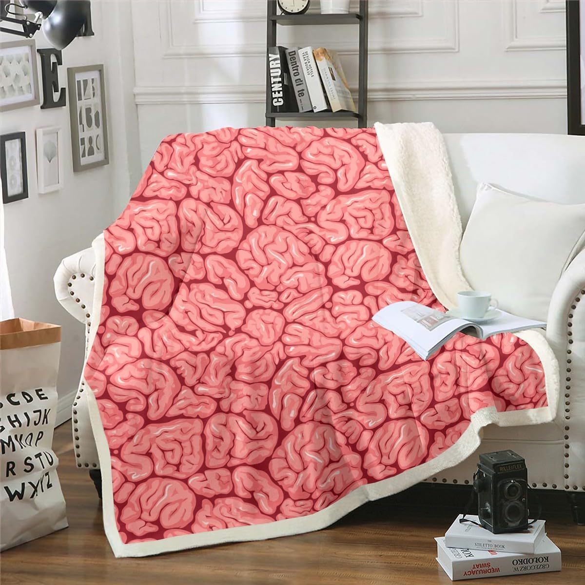 Feelyou Halloween Theme Fleece Throw Blanket 40"x50" Kids Pink Plush Blanket for Boys Girls Teens Brain Design Sherpa Blanket