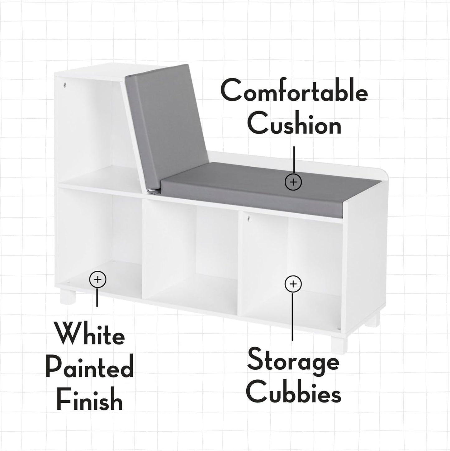 RiverRidge Kids Reading Nook and White Cubby Storage Bench with Comfy Cushioned Seat and Cubbies Toy Organizer, White