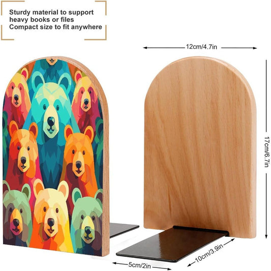 Non-Slip Bookend for Shelves Colorful Bears Wooden Bookends with Metal Base Decorative Book Stopper for Home Heavy Duty Wood Book Storage for Books/CDs