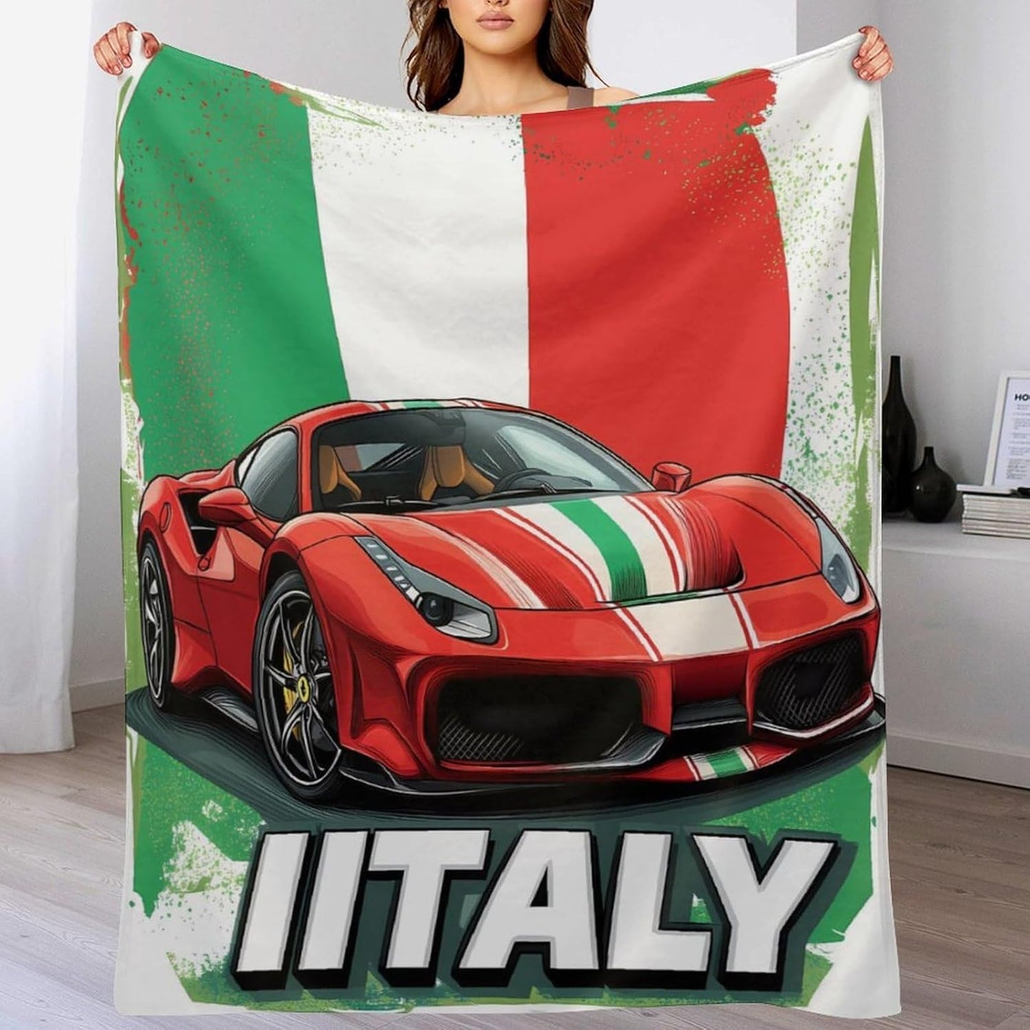 Funny Italian Sportscar Throw Blanket for Couch Bed Plush Cozy Fuzzy Flannel Blanket for All Season 66"x90"