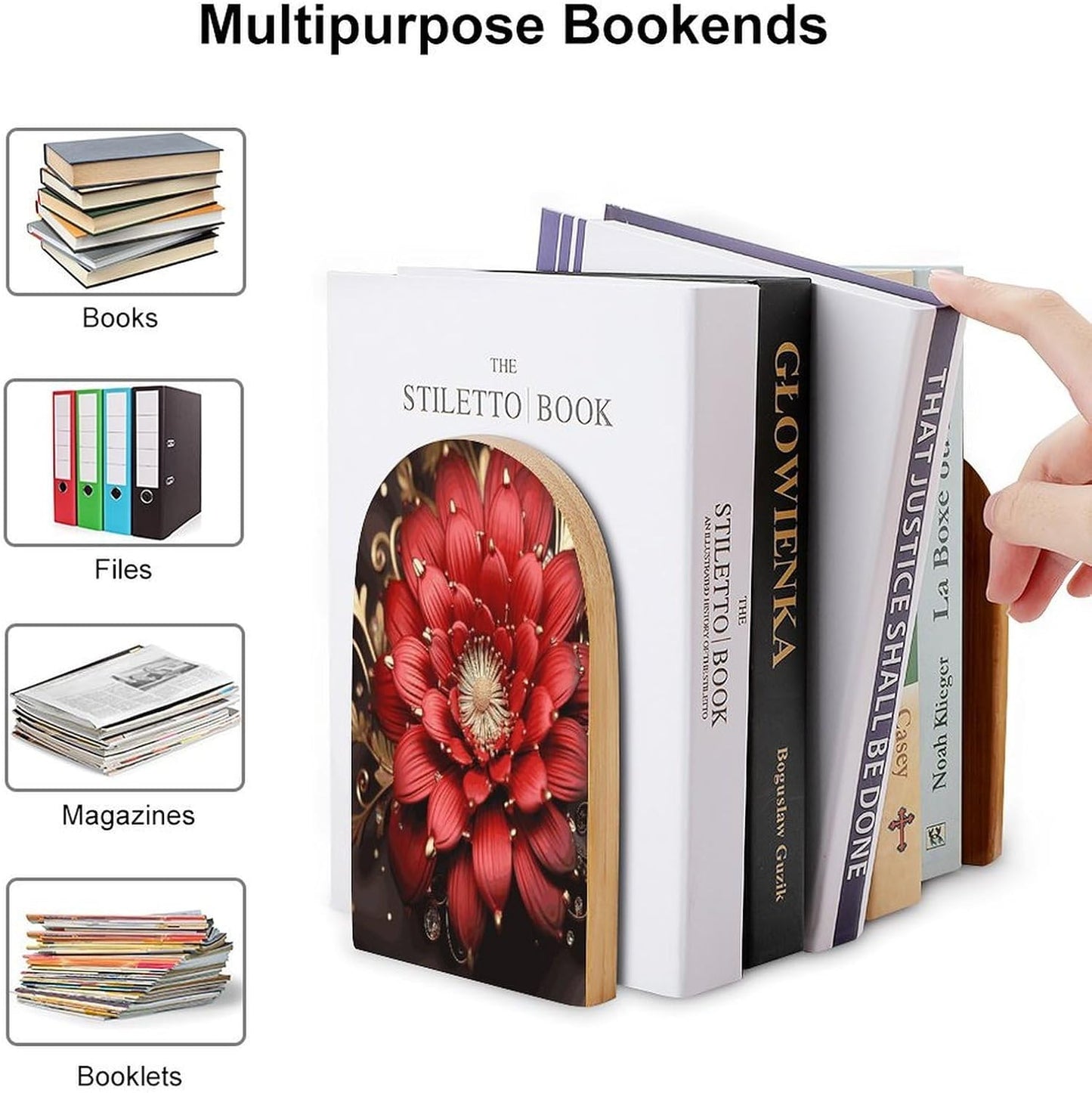 Red Gold Flower Bookend for Shelves Wooden Book End Large Size Sturdy Book Holders Stoppers with Metal Base for Bookshelves Slick Decorative Bookends Stands