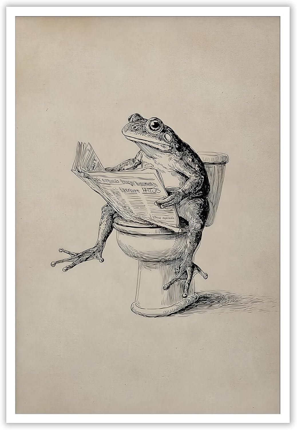 Funny Bathroom Animal Poster Frog Reading Newspaper On Toilet Wall Art Whimsical Quirky Sketch Artwork Aesthetic Prints Painting For Apartment Bathroom Restroom Wall Decor 12x16in Unframed