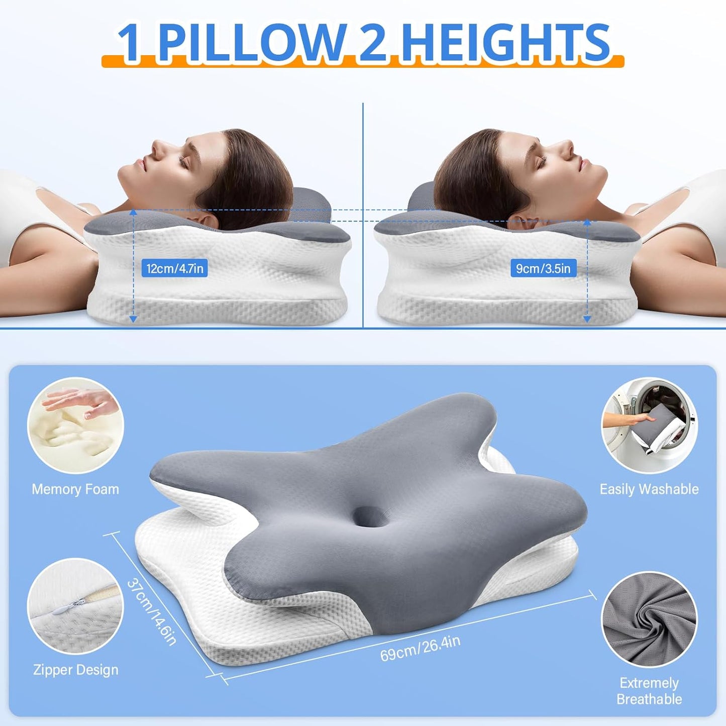 Cervical Neck Pillow, Ergonomic Memory Foam Pillows for Neck Pain Relief with Breathable Pillowcase, Adjustable Contour Neck Support Pillow for Side Back Stomach Sleepers (Gray)