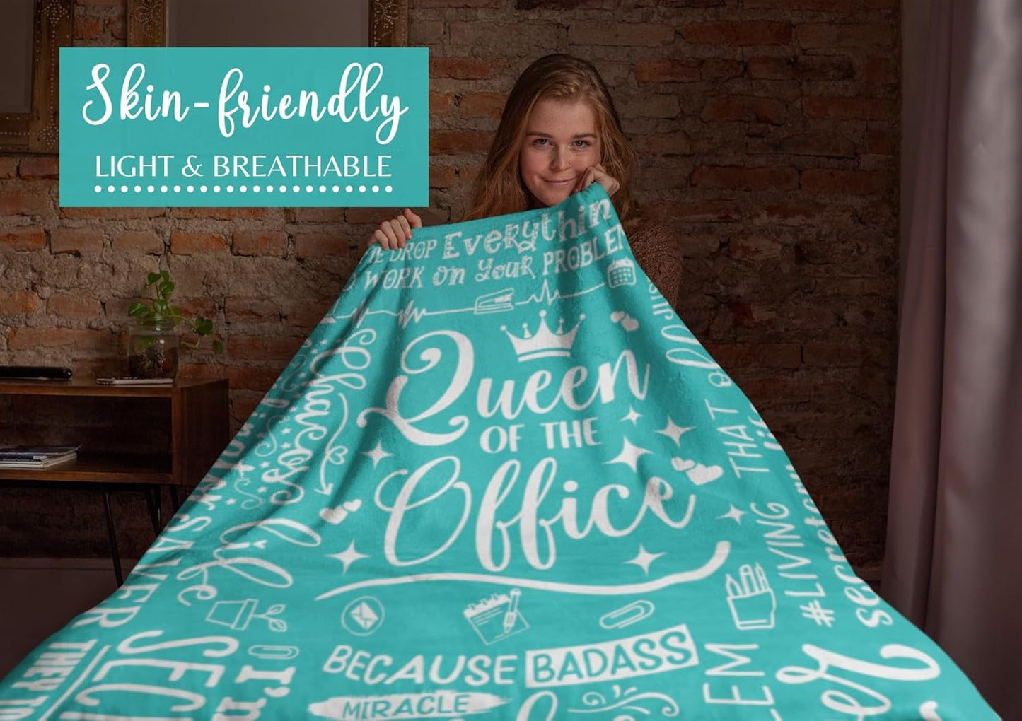 Secretary Gifts for Woman, Throw Blanket for Secretaries' Day Administrative Professional Day Gifts for Appreciation, Christmas, Birthday - 50" x 65" Queen of The Office Teal