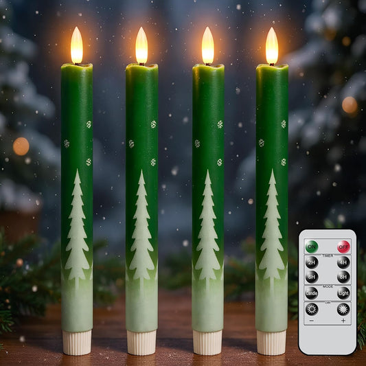 Christmas Tree Candles, Waxy LED Flamless Taper Candles with Remote Timer, Green Flameless Candlesticks with Tree Decals for Christmas Home Holiday Decorations(Set of 4, 0.78”x9.6”)