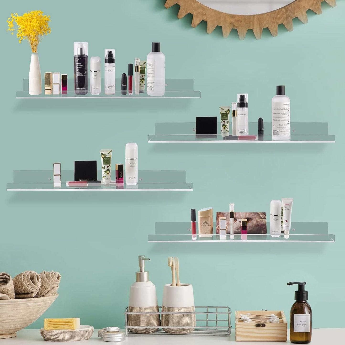 Floating Shelves 24 inch Acrylic Wall Ledge Shelves Clear 2 Pack Invisible Display Bookshelf, 5MM Thick Premium Wall Mounted Shelf Bathroom Display Organizer