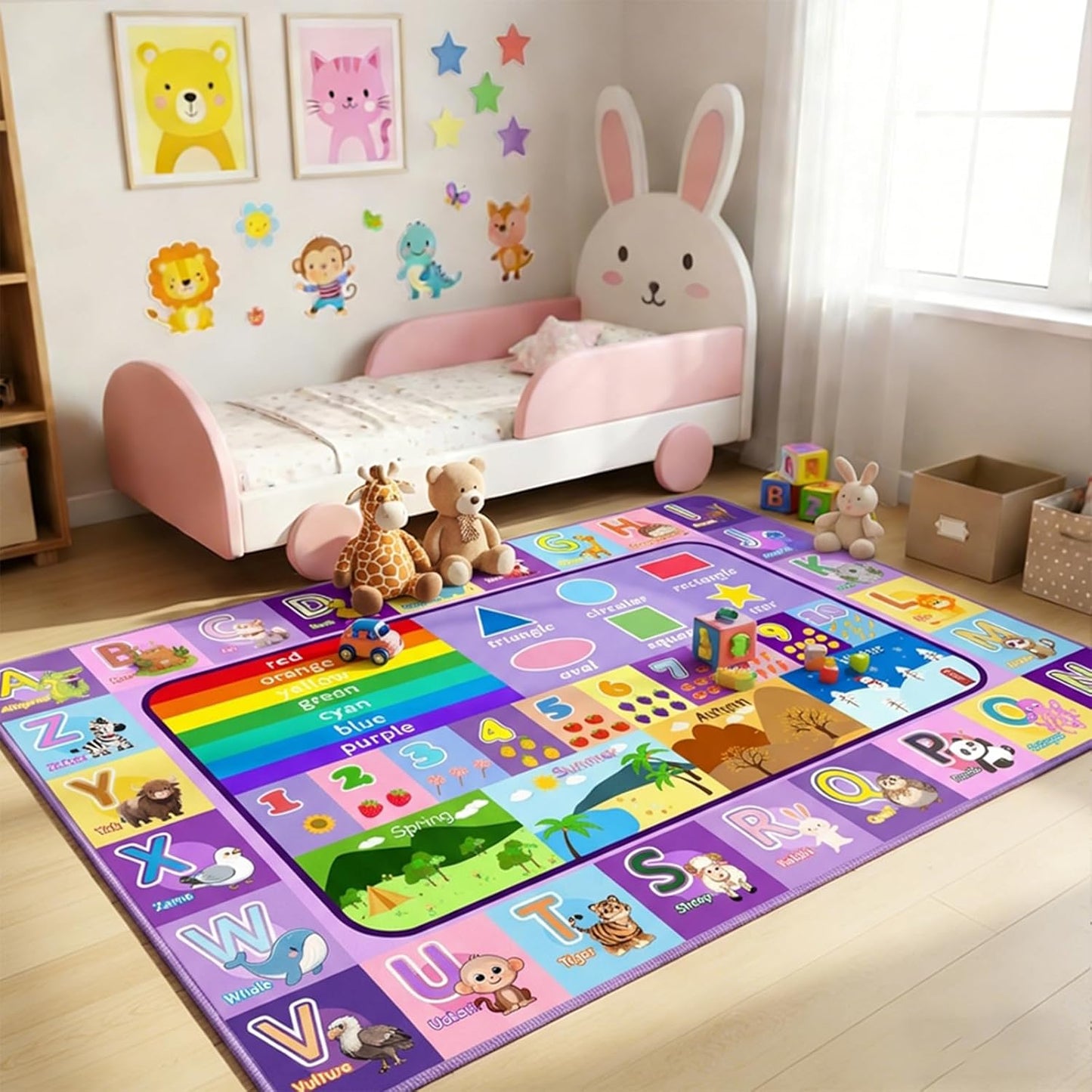 ABC Rugs for Kids Playroom, 3x5 Ft Educational Alphabet Rug with Numbers Animals Seasons Fruits, Non-Slip Washable Soft ABC Mat for Nursery Bedroom Boys Girls