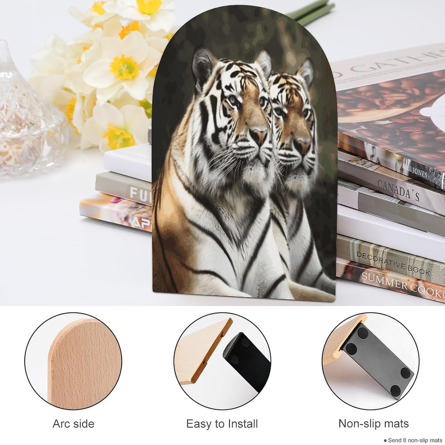Majestic Tiger Bookend for Shelves Wooden Book End Large Size Sturdy Book Holders Stoppers with Metal Base for Bookshelves Slick Decorative Bookends Stands