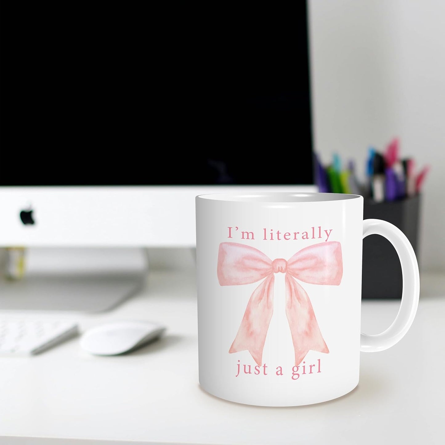 Pink Preppy Coquette Bow Mug,Bow On Ceramic Coffee Cup 11oz, I'm Literally Just A Girl White Ceramic Mug For Women Girls Bestfriend Sister Girlfriend,Pink Bow Lovers Gift