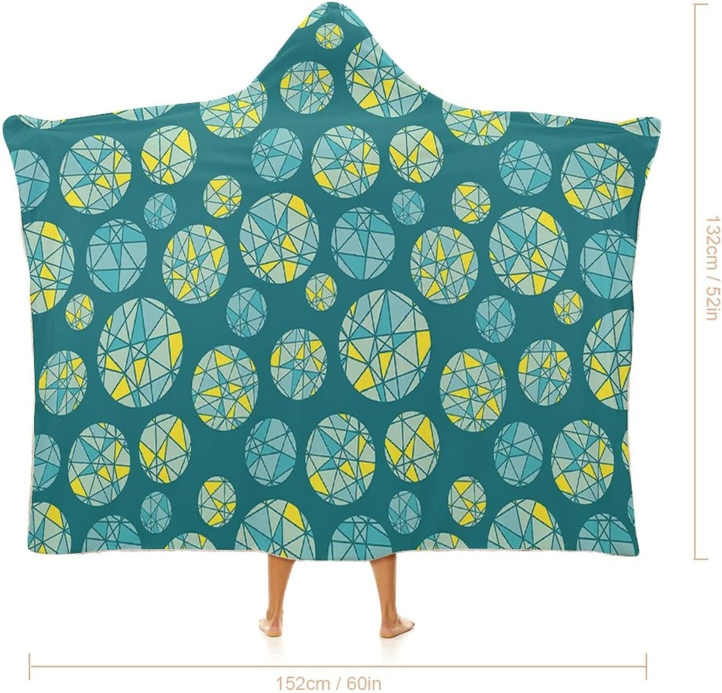 Throw Blankets, Teal Women Men Hooded Blanket, Geometric Mosaic Circles with Triangles Hipster Artistic, Soft Warm Cozy, 40 x 50inches, Studying Reading Snuggling Napping Office, Teal Yellow