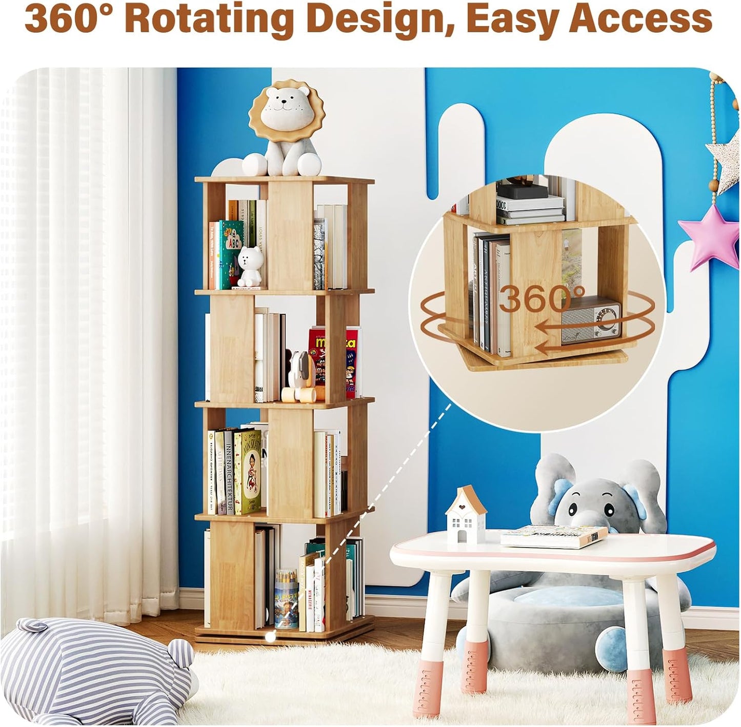 Wooden Rotating Bookshelf 4 Tier, Revolving Bookcase, 360° Spinning Book Shelf Tower Kids, Narrow Bookshelves Lazy Susan Organizer for Small Space, Corner, Bedroom, Living Room, Office, Natural