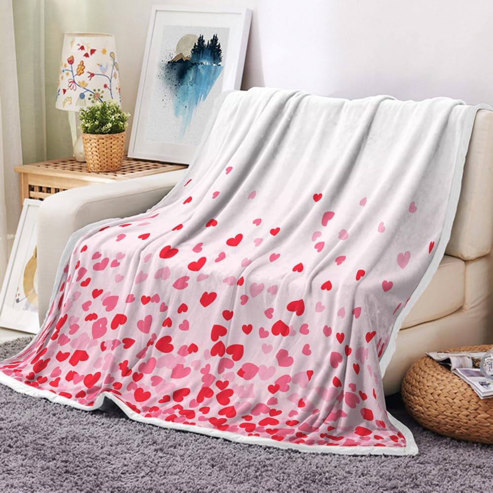 Valentine's Day Gift Fleece Blanket for Mom, Wife, Pink Love Heart Decorative Throw for Couch Sofa Bed, Flannel Blanket - Super Cozy Comfy Throw Blanket (Red, 50"X60")