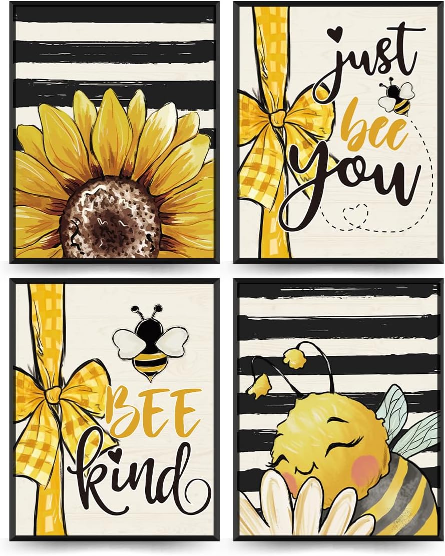 ETVISO Bee Decorations Summer Spring Yellow Wall Art Prints 8x10,Honey Bee Summer Decor For Home, Bee Kind Decor And Accessories Farmhouse Decorations Wall Art Prints,Living Room Set of 4 Unframed