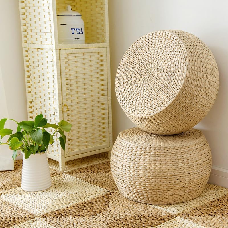 Natural Straw Round Pouf Ottoman, Handwoven Boho Footstool with Wood Frame for Living Room Bedroom Patio Garden (12.2"x12.2"x8.7")