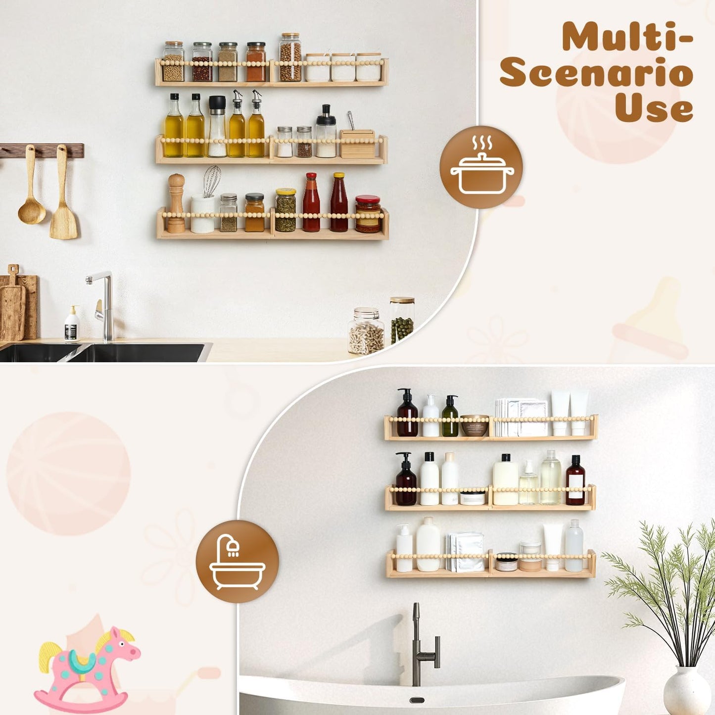 32 Inch Floating Shelf with Wooden Bead Design - Solid Pine Wall Mounted Bookshelf, Child-Safe Nursery Storage for Kids Room Decor, Set of 3