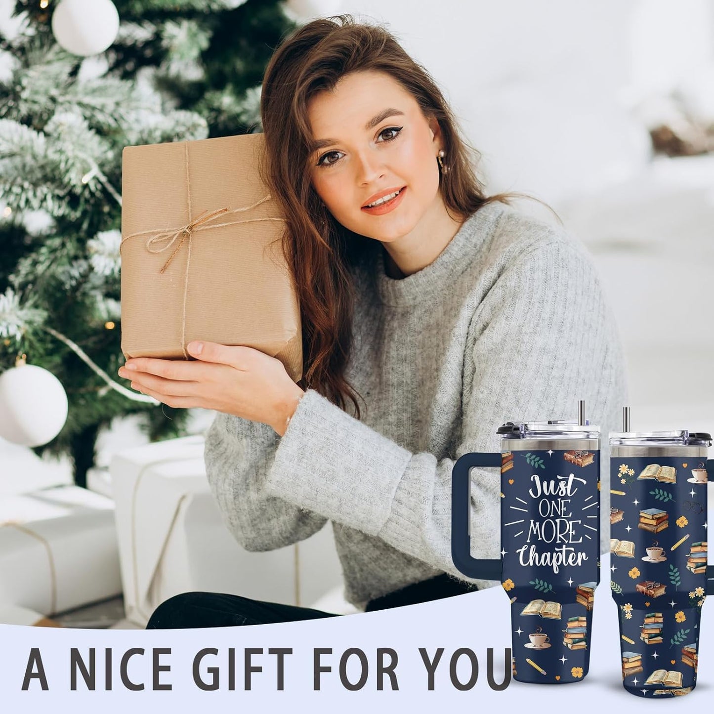 Book Themed Stainless Steel Tumbler Gifts for Booklover, 30oz Water Bottle with Handle and Straw, Christmas Birthday Gifts for Family, Wife, Friends