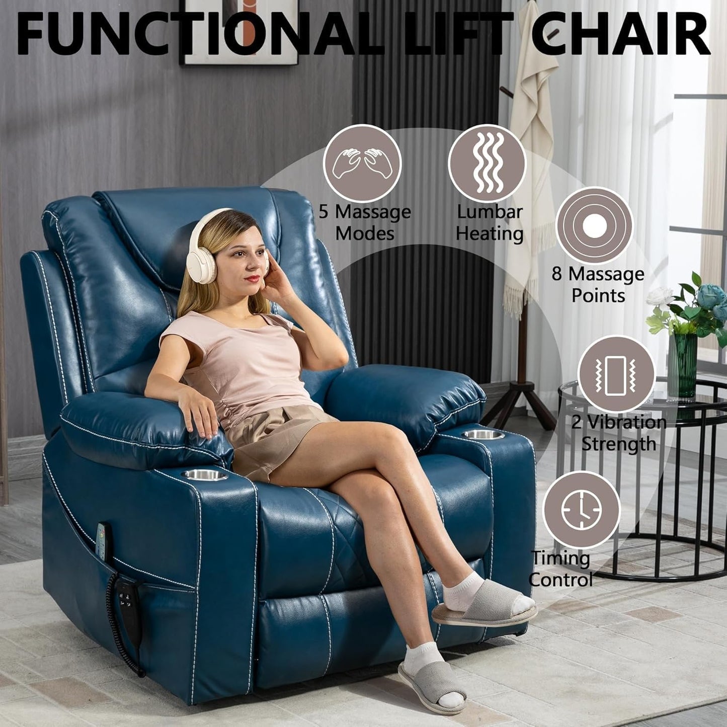 Large Power Lift Recliner Chair for Elderly, Dual Motor Infinite Position Reclining Sofa with Massage and Heat, Blue Leather Home Theater Seat with Cup Holders