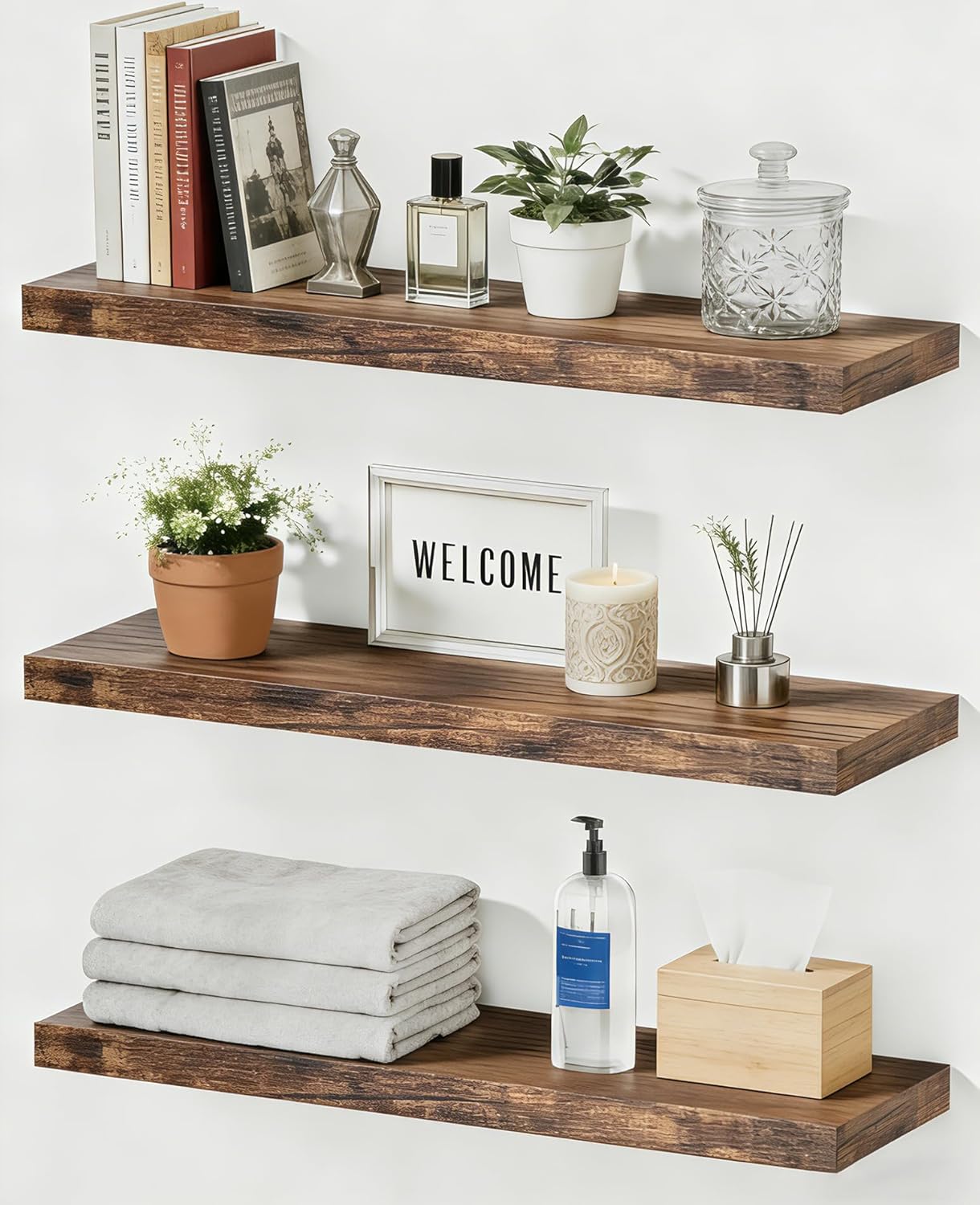 LifetimeWarranty Easy Install Floating Shelves,15.7 Inch Wall Mounted Wooden Floating Shelves, Small Wall Shelf for Storage&Home Decor, Living Room, Kitchen, Office, Corner Shelf for Bathroom,Set of 3