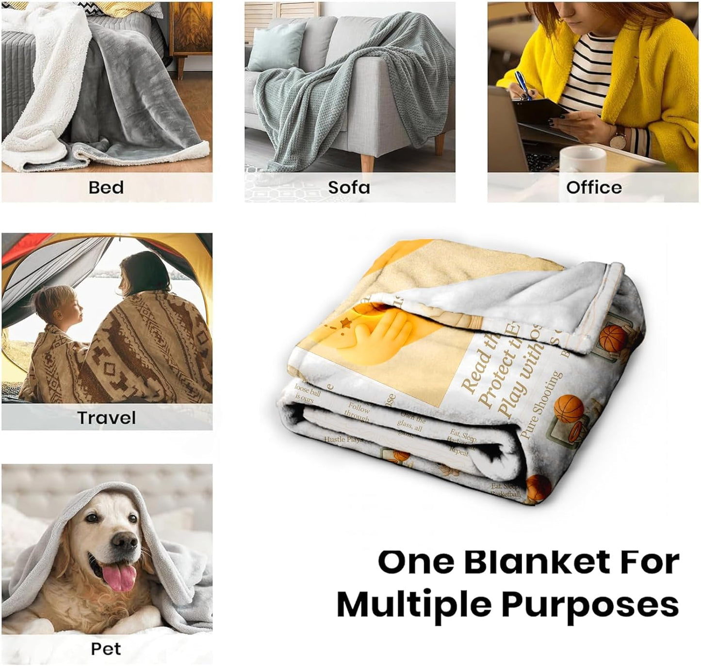 Basketball Blanket for Boys Bedroom Decor, 60x50 Soft Flannel Fleece Throw, Vintage Newspaper Style Sports Blanket, Cozy Gift for Kids & Teens
