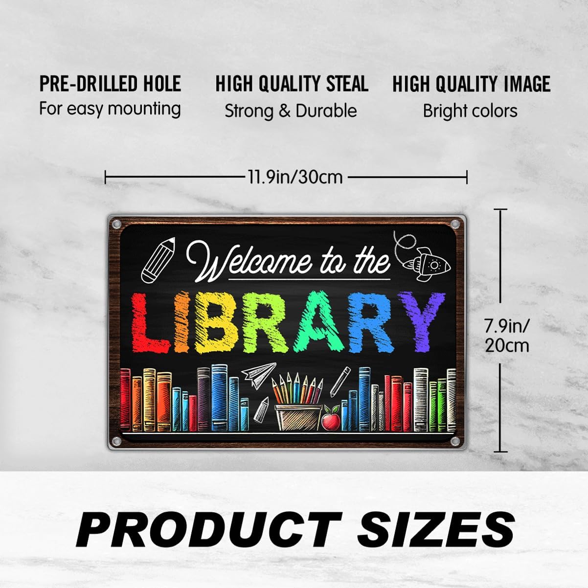 Welcome To The Library Sign 12 x 8 Inch Metal Wall Decor Chalkboard Style Colorful Book Lover Reading Corner Classroom Teacher Student School Decoration Art Home Outdoor