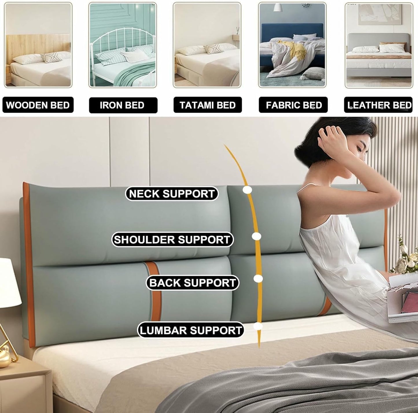 Headboard Cushion Large Bedside Pillow Upholstered Positioning Support Reading Pillow Neck Lumbar Cushion Removable Daybed Bunkbed Tatami Bolster,Gray1,Straps 63"/160cm