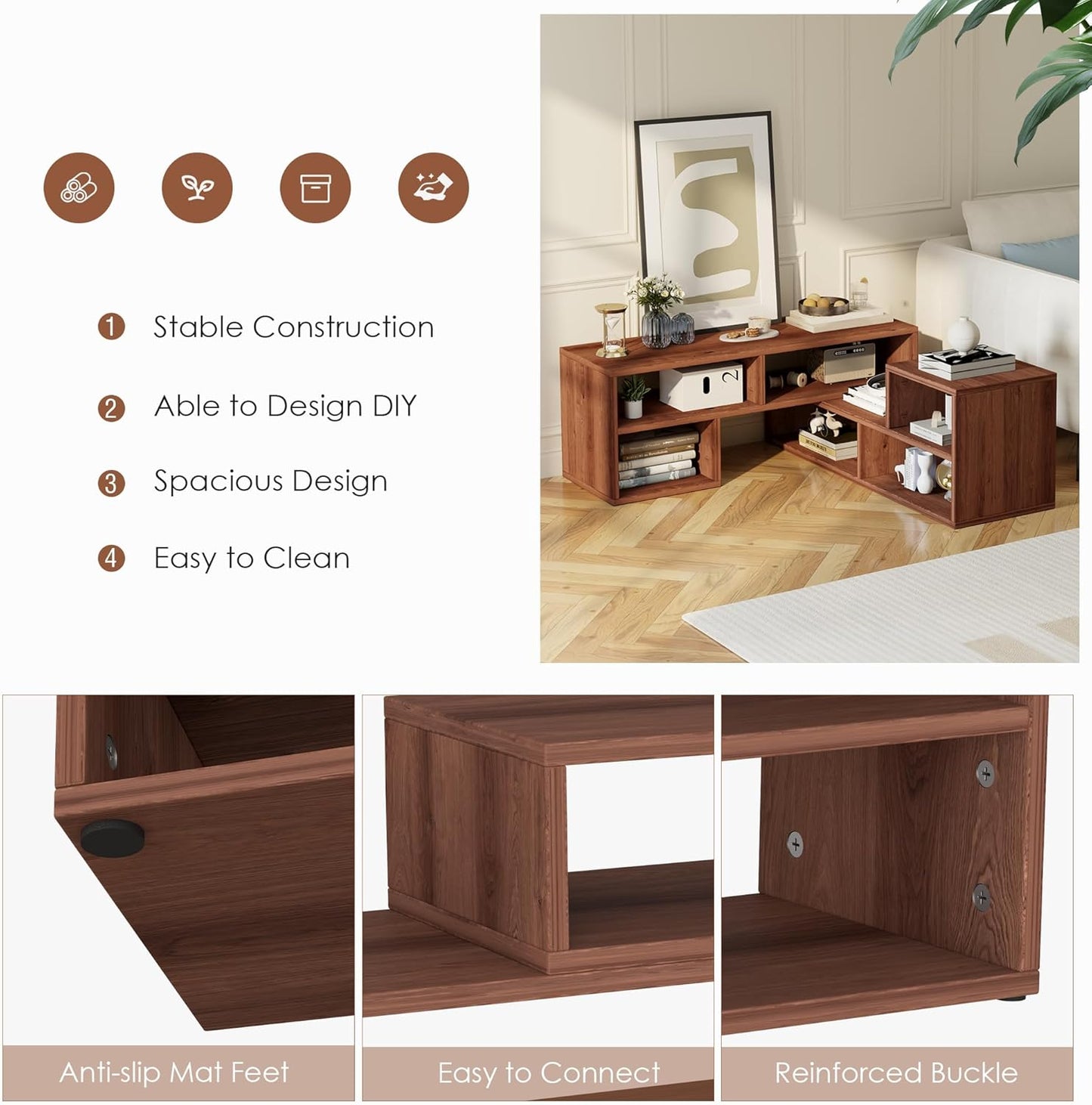 2-Piece Bookshelf TV Stand, L-Shaped Entertainment Center for 45–70" TVs, Cube TV Stand, Media Console Table with Storage Cubes, Open Storage Bookcase for Living Room, Bedroom, Home Office