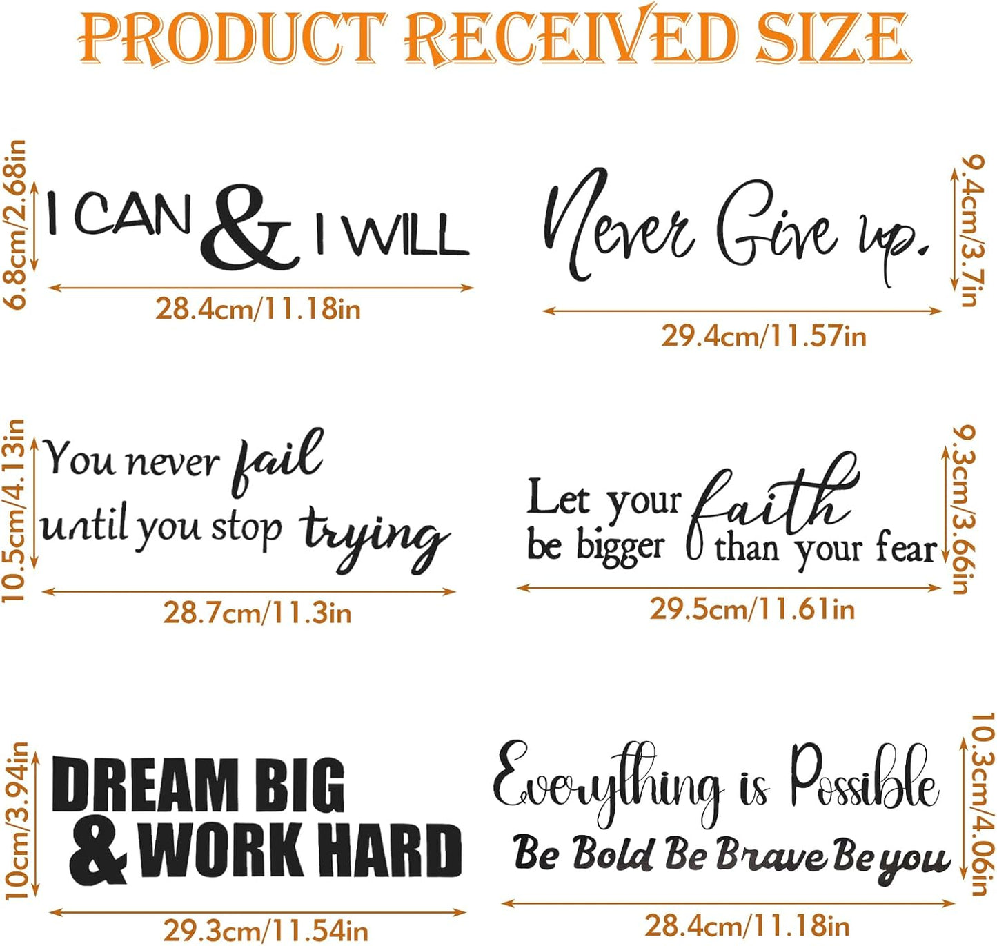6 Sheets Decals for Walls, Inspirational Wall Stickers, Motivational Wall Decals Peel and Stick, Positive Saying Wall Art for Bedroom Office Teen Room Decor (Never Give up, Dream Big & More)