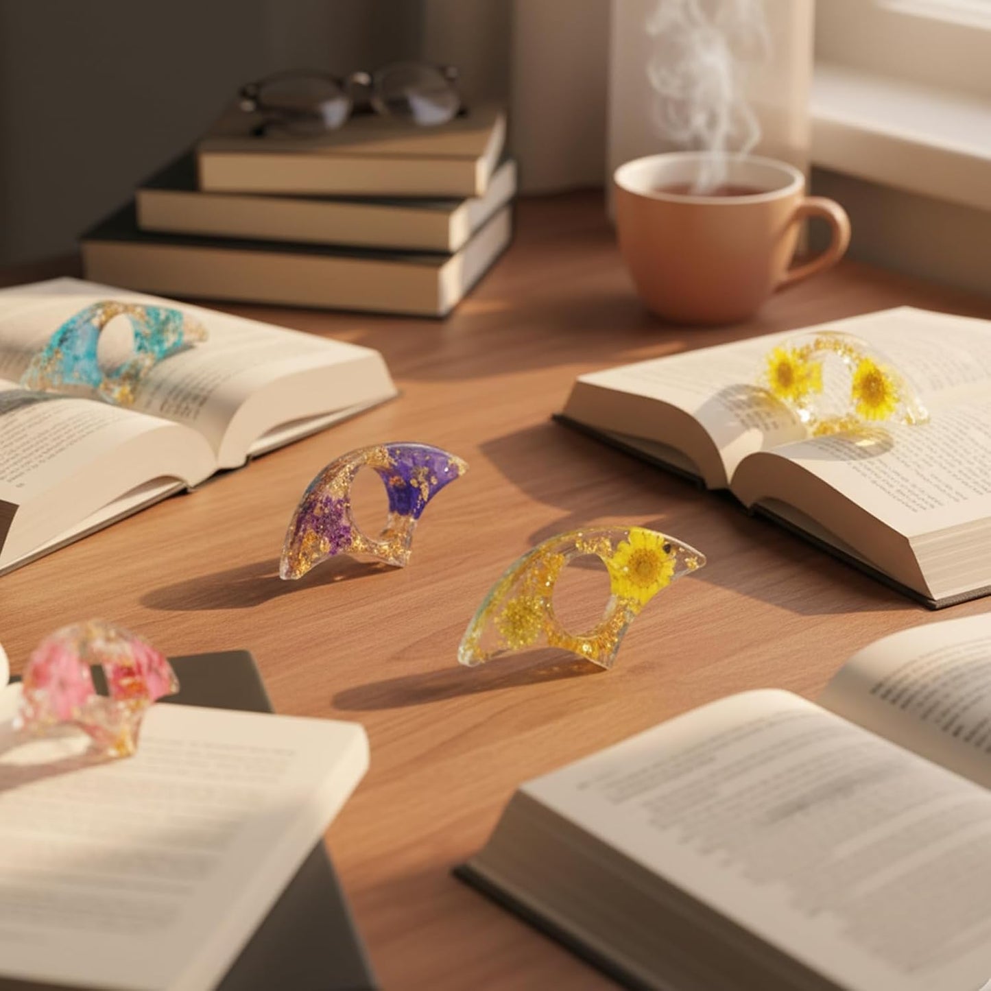 4 Pcs Book Page Holder for Reading, Dried Flower Resin Transparent Thumb Bookmark, Resin Book Page Holders for Reading,Pressed Flower Design, Lightweight Resin Page Holders for Books