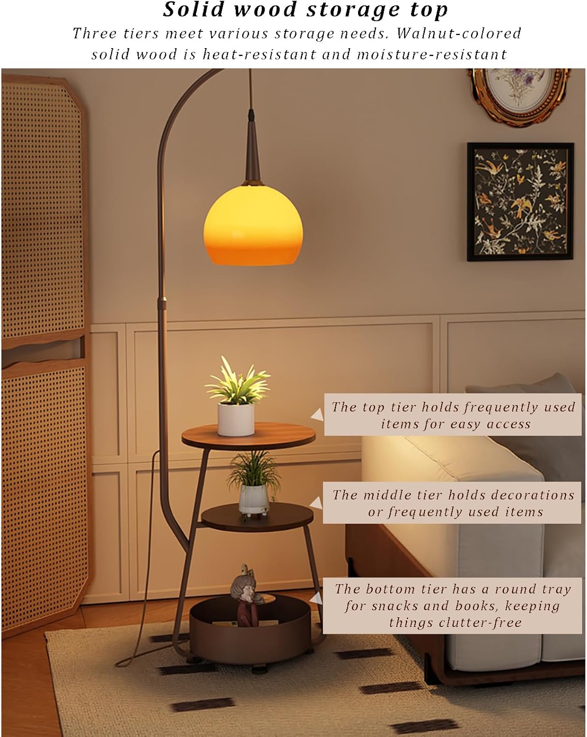 Modern Floor Lamp with Side Table for Living Room, Mid Century Tall Lamps Adjustable Height Fishing Standing Lamp with Storage Bucket, Floor Reading Lamp for Bedroom