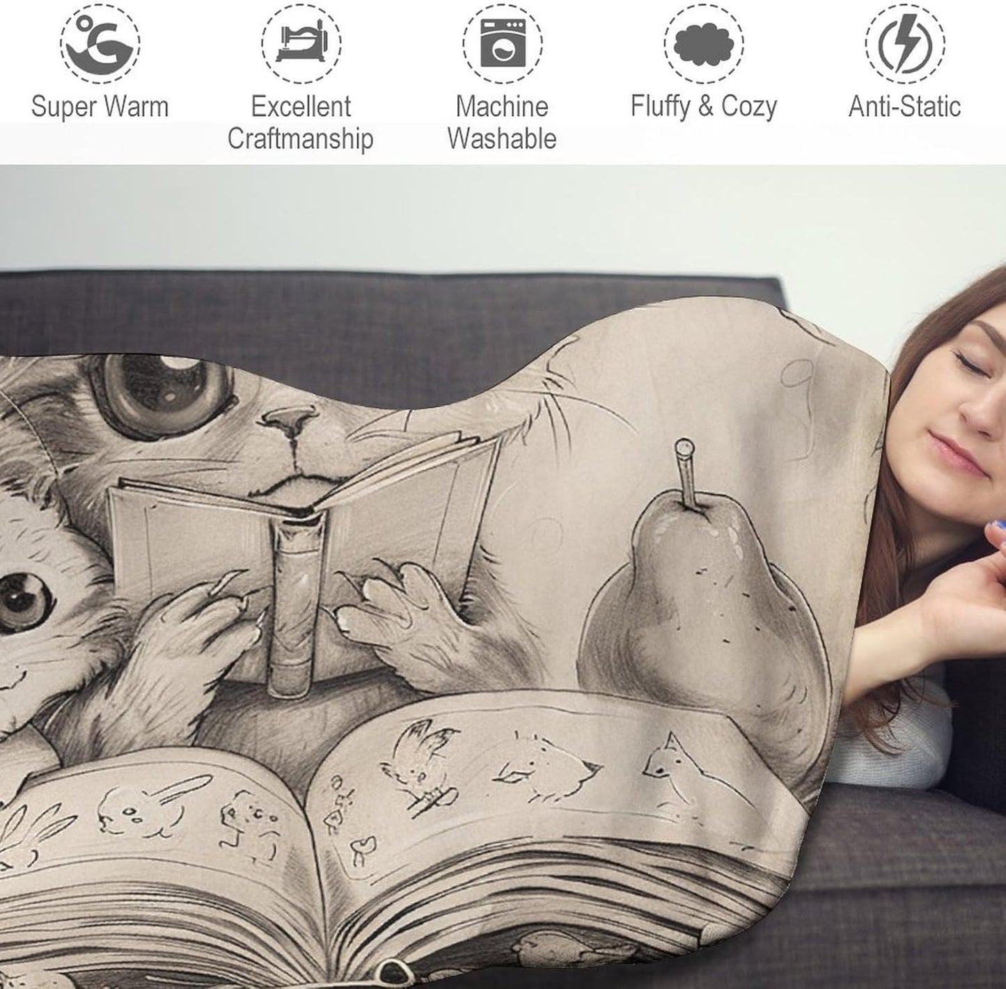 Ultra-Soft Micro Fleece Blanket Cat Reading with Friend Throw Blanket Lightweight Flannel Fuzzy Blanket 59" Soft Cozy Air Conditioning Quilt Warm Throw Blanket All Seasons for Bed Couch Living Room So