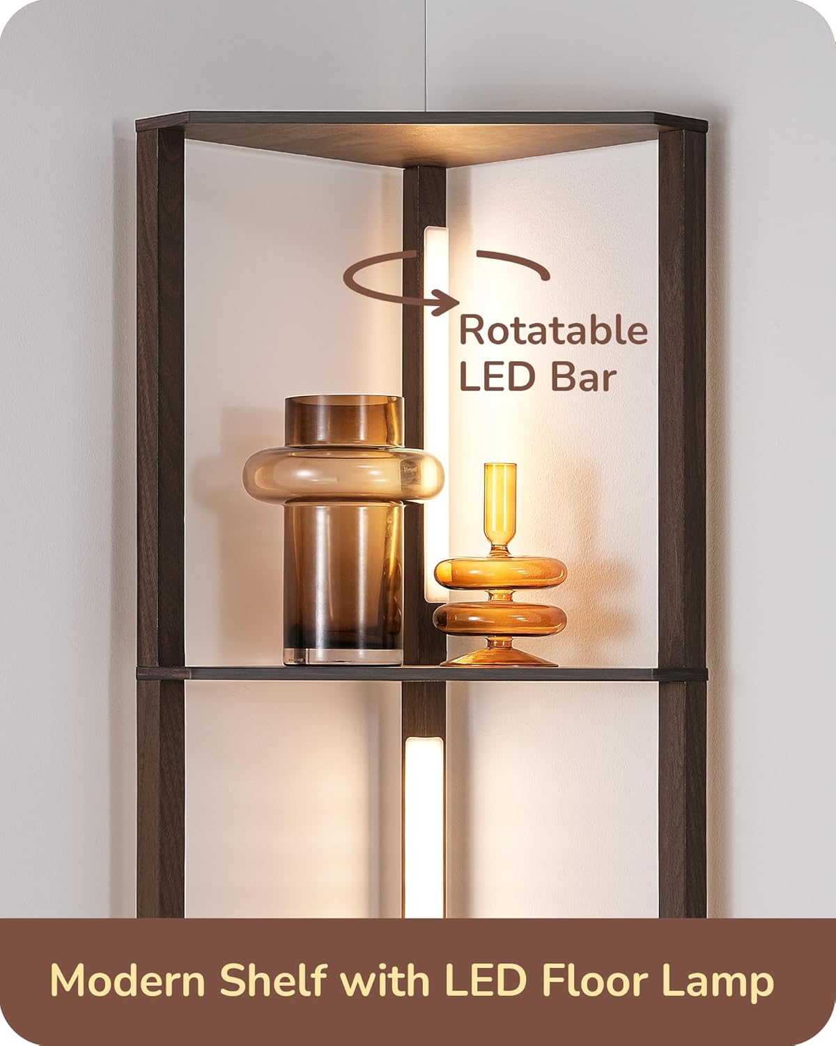 EDISHINE Dimmable LED Floor Lamp with Shelves, Corner Floor Lamps for Living Room, Corner Shelf with LED Light, 3CCT, Modern Standing Lamp, Floor Lamp for Bedroom, Office, Walnut