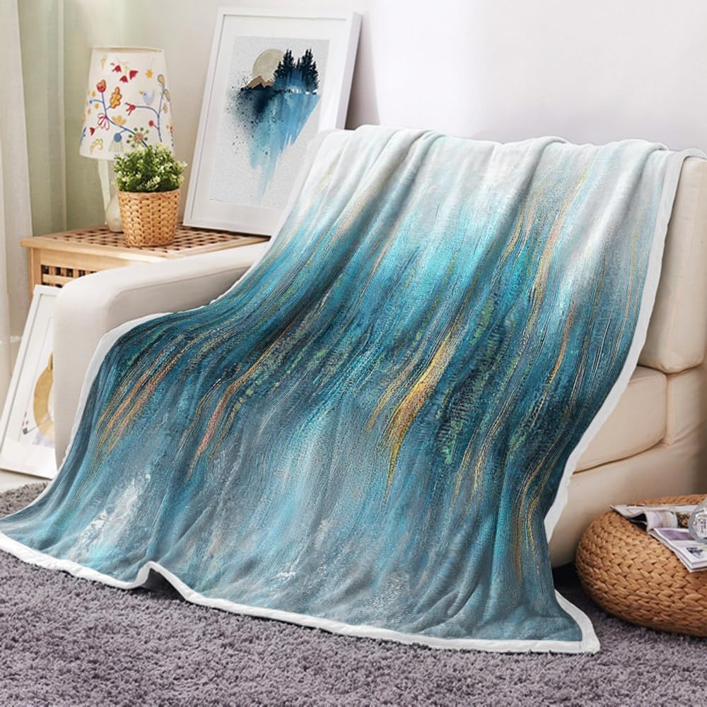 Blue Throw Blanket, Light Blue Fleece Blankets, Turquoise Teal Gold Throw Blankets, Soft Plush Warm Throw for Couch, Bed,Outdoor, Camping Decor, Gifts for Wife, Women, Men, Kids