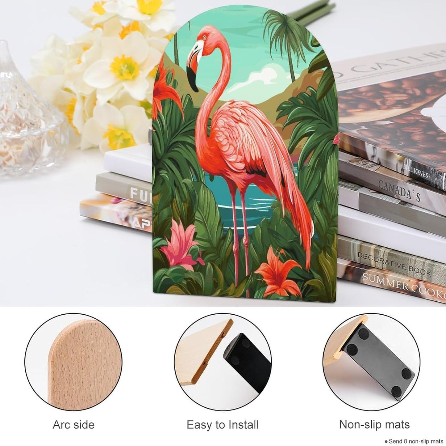 Tropical Flamingo Bookend for Shelves Wooden Book End Large Size Sturdy Book Holders Stoppers with Metal Base for Bookshelves Slick Decorative Bookends Stands