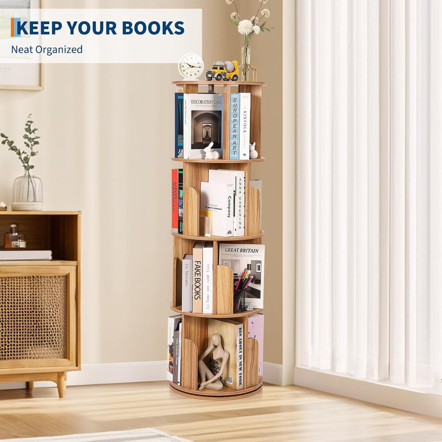 4 Tier Rotating Bookshelf, Compact Corner Bookcase for Small Spaces 360° Display Wood Spinning Storage Organizer for Bedroom, Living Room, and Kids' Rooms Wood