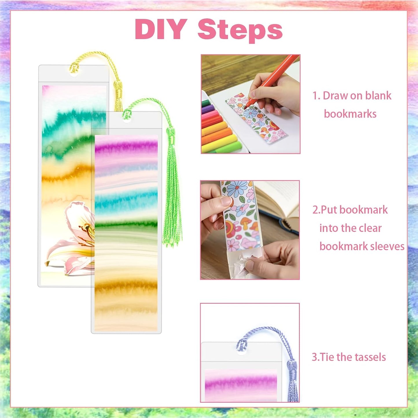 50 Sets Bookmark Making Kit, with 50 Clear Bookmark Sleeves, 50 Colorful Tassels, 60 Kraft Paper Blank Bookmarks, DIY Bookmarks for Party, Decoration, Teaching or Record Reading Experience