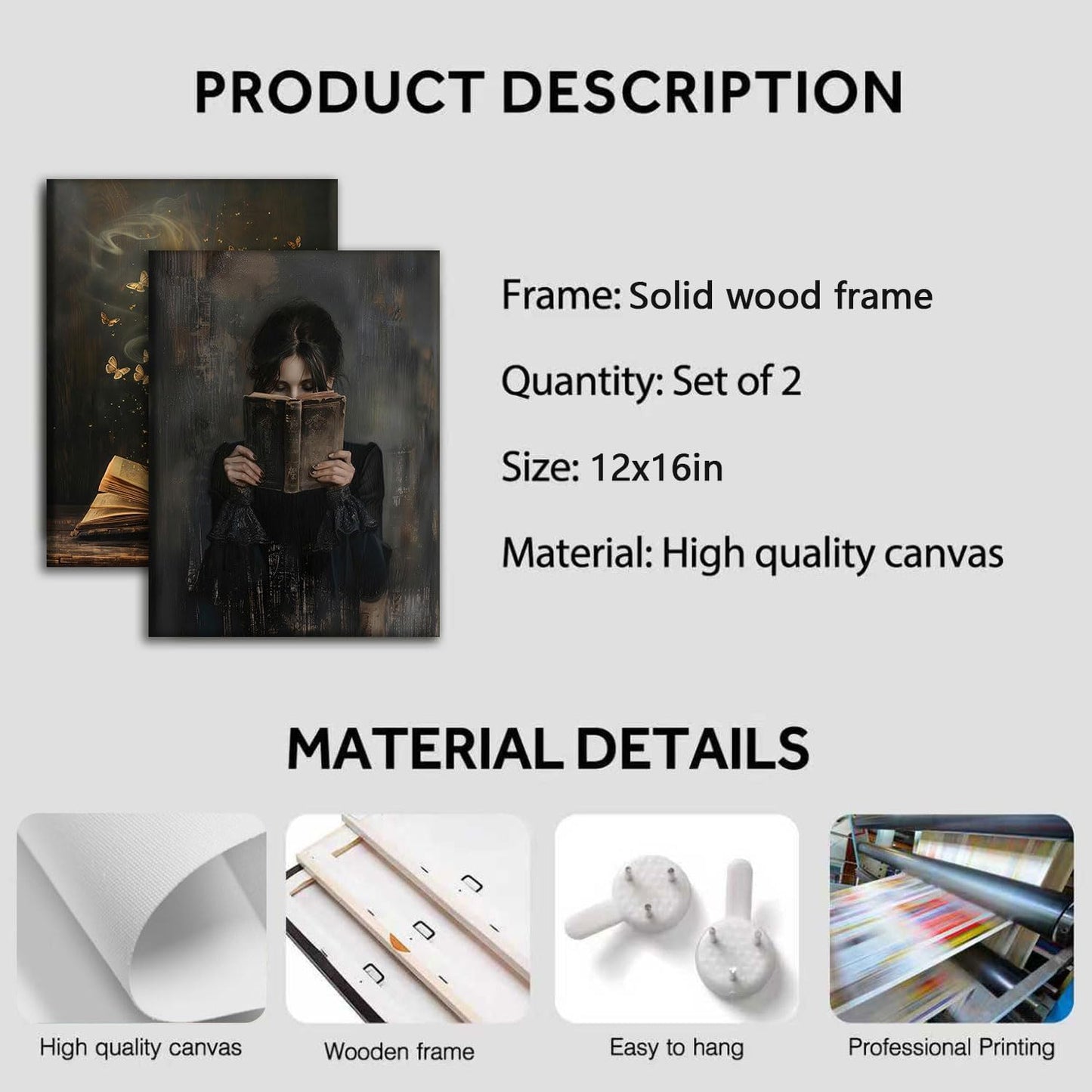 2Pcs Dark Preppy Butterfly Book Canvas Wall Art Gothic Victorian Woman Reading Magic Book Wall Decor Dark Moody Girl Posters Prints Vintage Bookish Reading Corner Paintings Pictures 12x16 Inch