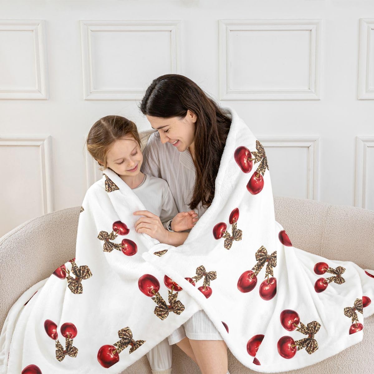 Feelyou Cherry Sherpa Throw Blanket for Couch Leopard Print Super Soft Cozy Fleece Cheetah Bow Blanket for Winter, Plush Throw Cute Cherry Gifts Throw 50"x60" All Season