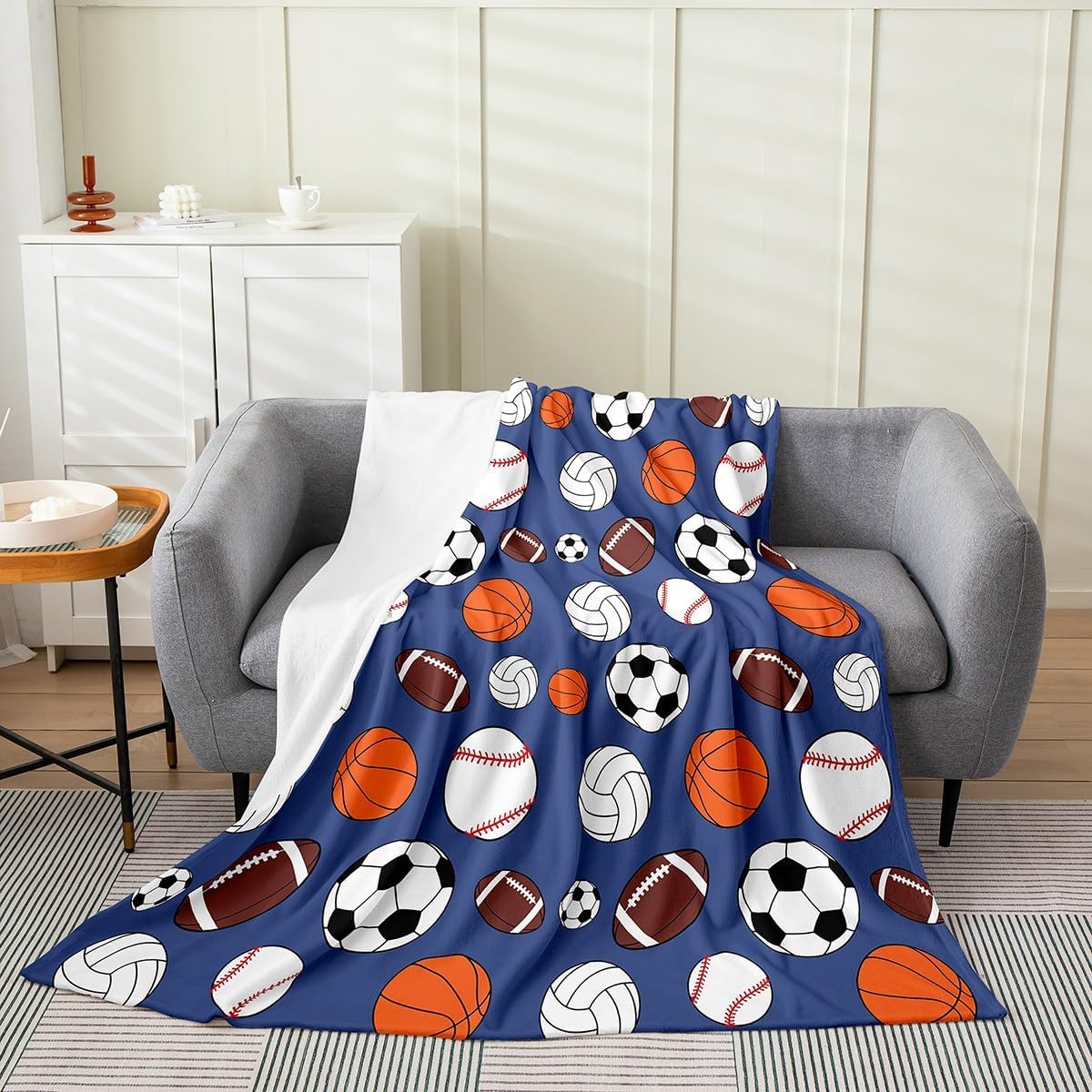 Feelyou Ball Game Sports Fleece Throw Blanket Throw 50"x60" Kids Football Baketball Baseball Flannel Blanket Plush Fuzzy for Sofa Couch Boys Girls Teens Pale Blue All Season