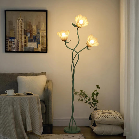 Vintage 3 Heads Flower Floor Lamp with Adjustable Gooseneck Corner Standing Tall Floor Lamp 3 Color Modes for Living Room Bedroom Reading Decoration Vine Floral Lamp with Lily of The Valley