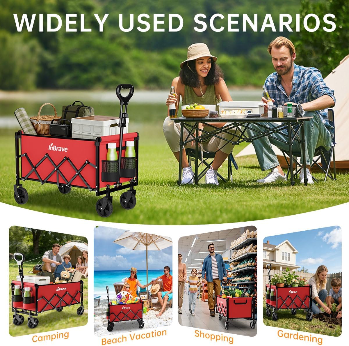 Collapsible Wagon Cart, 380LBS Heavy Duty Utility Wagons with All-Terrain Wheels, Foldable Grocery Carts for Gardening, Shopping, Beach, Camping,Red