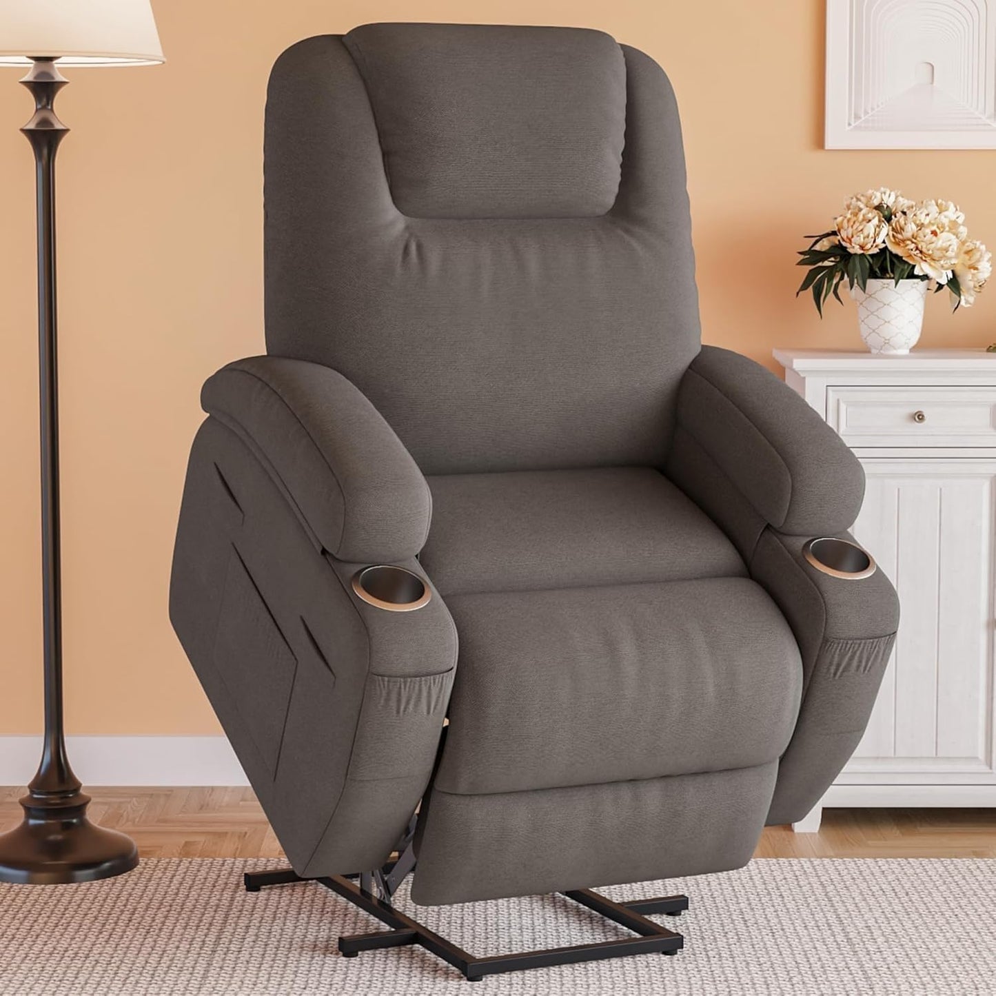 Elderly Ergonomic Power Lift Chair with Cup Holders Side Pockets Remote Control Massage Recliner Chairs for Living Room Bedroom Home Furniture